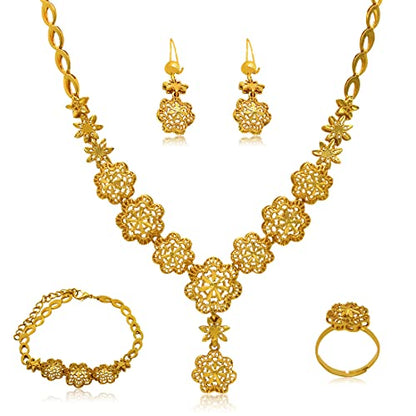 indian Women Jewelry Necklace Set african Dubai Bride Wedding Prom Fashion Jewelry 24K Gold Plated Necklace Bangles Rings Earrings - color: S-04