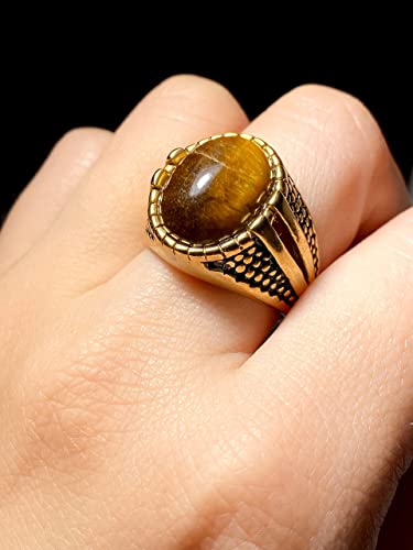 Men’s Gold Tiger Eye Ring – 14K Finish Stainless Steel Oval Gem Punk Biker Pinky Band, Vintage Retro Heavy Signet Jewelry
