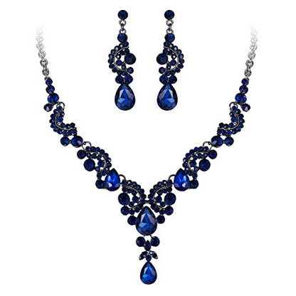 EVER FAITH Rhinestone Crystal Bridal Floral Wave Teardrop Necklace Earrings Set - color: 2pcs_Blue Black-Tone