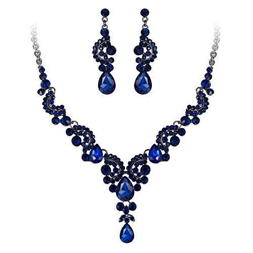 EVER FAITH Rhinestone Crystal Bridal Floral Wave Teardrop Necklace Earrings Set - color: 2pcs_Blue Black-Tone