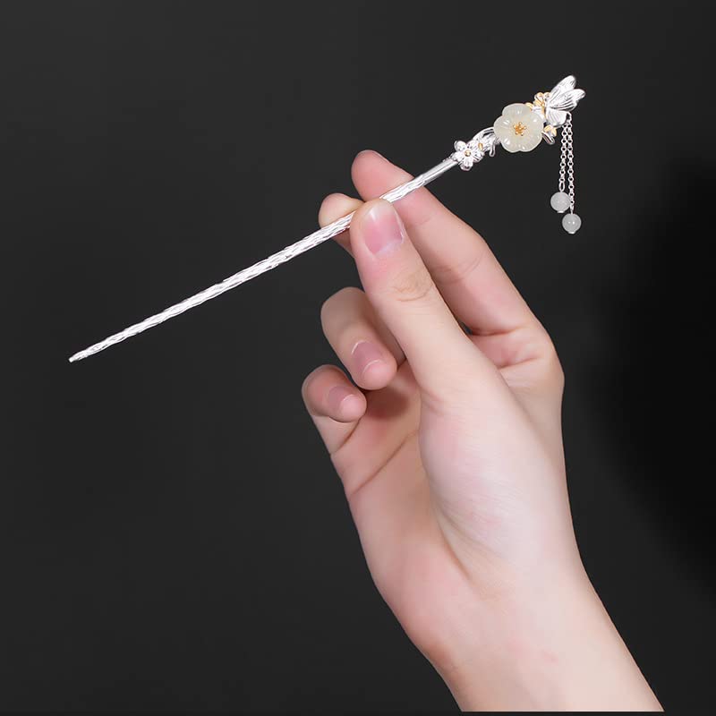 Hotan Jade S925 Silver Plated Hairpin Butterfly with Pearl and Plum Blossom Chinese Hanfu Style Hair Sticks Retro Handmade Hair Clip Hair Accessories for Women Girls Long Hair (Hotan Jade) - color: Hotan Jade