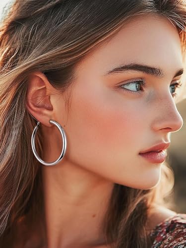 PROSTEEL Chunky Hoop Earrings for Women 14K Gold Plated/Black/Silver | 20/30/40/50/60/70/80mm Stainless Steel Thick Big Round Hoop with Waterproof and Non Tarnish Trendy Jewelry with Gift Box - color: 1. Silver, size: 60MM