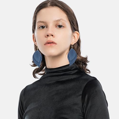 Handmade Bohemian Large Soft Genuine Leather Fringe Double Feather Dangle Drop Earrings Lightweight Simple Color PU Leaf Hook Earrings for Women - color: Navy