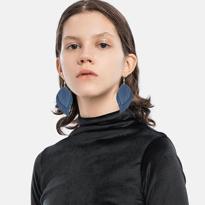 Handmade Bohemian Large Soft Genuine Leather Fringe Double Feather Dangle Drop Earrings Lightweight Simple Color PU Leaf Hook Earrings for Women - color: Navy