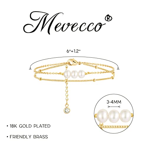 MEVECCO Dainty Chain Bracelets for Women, Layered and Charm Styles | 14K Gold Plated Brass, Select Cubic Zirconia Accents, Single and Multi-Row Structures for Refined Everyday Wristwear - style: 2 Layer 3 Pearls Satellite Chain