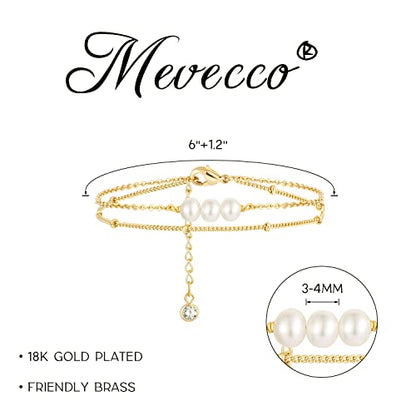 MEVECCO Dainty Chain Bracelets for Women, Layered and Charm Styles | 14K Gold Plated Brass, Select Cubic Zirconia Accents, Single and Multi-Row Structures for Refined Everyday Wristwear - style: 2 Layer 3 Pearls Satellite Chain