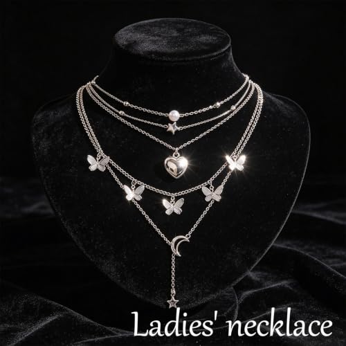 24 Pcs Y2K Necklace Set, Layered Grunge Emo Jewelry Pack With Cross, Butterfly, Heart, Moon, Star, and Pearl Chain Pendant Accessories, Daily Wear Gifts for Women - color: 16 Pcs Silver