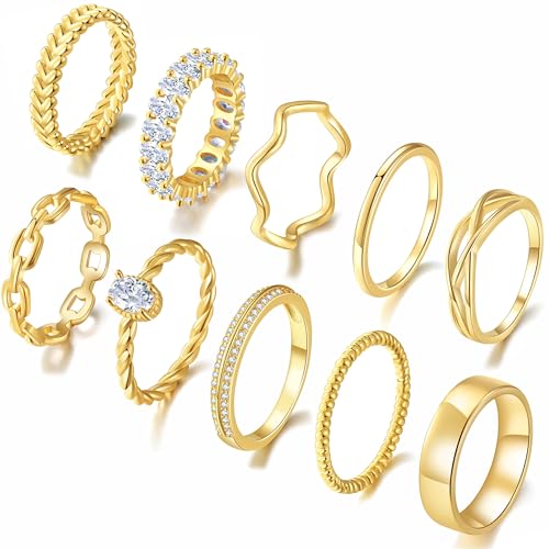 PLOMFOV Gold Plated Stackable Rings - Wedding Bands & Eternity Rings, Dainty 14K Gold Plated, Thin & Simple, Trendy Thumb Stacking Ring Pack (Size 12/11/10/9/8/7/6/5/4) - color: Golden