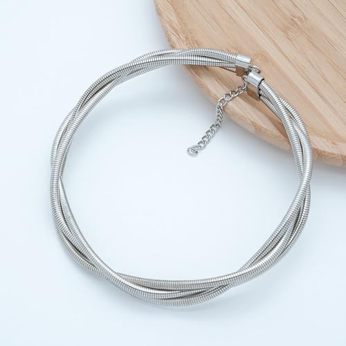 Chunky Gold Statement Choker Neckalce for Women Layered Snakebone Chain Collar Necklace Twist Wrap Stainless Steel Choker Punk Aesthetic Jewelry Gifts - color: Silver
