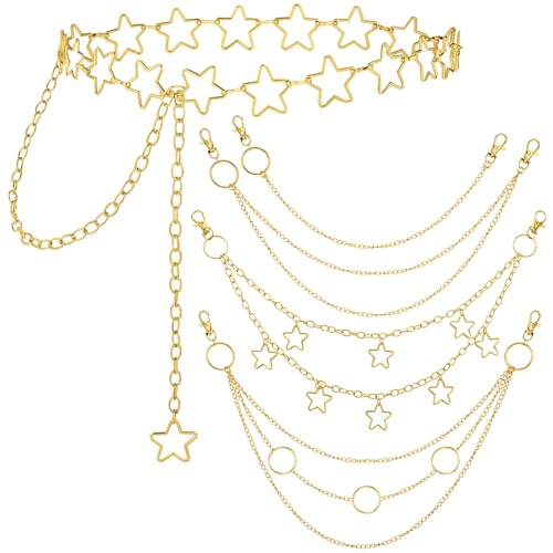 Jadive 5 Pieces Belt Chain Jeans Pants Pocket Waist Multi-Layer Hip Hop Metal Wallet Chain for Men Women - style: Star, Gold