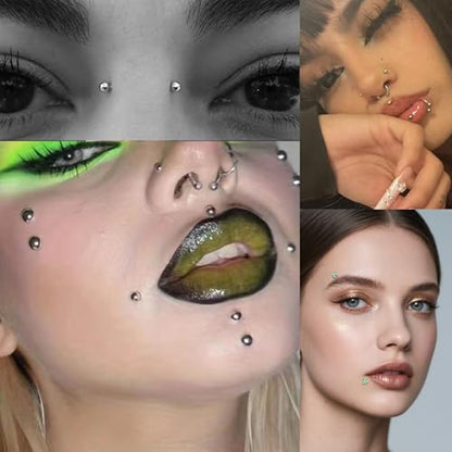 Zolure Fake Piercing Fake Eyebrow Ring Fake Lip Labret Studs Replacement Balls Spike with 100pcs Sticker Non-Piercing Body Jewelry - color: Silver #1