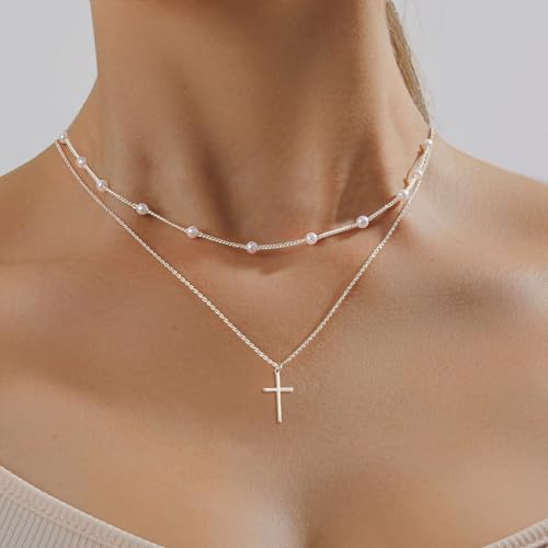 Airmb Cross Necklace for Women Gold/Silver Plated Layered Dainty Cross Chain Trendy Choker Satellite Charm Small Crucifix Pendant Gold/Silver Necklace Stackable Hypoallergenic Delicate Gift for Women - color: Silver-3PCS Cross