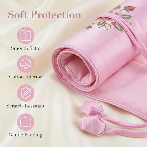 Travel Jewelry Bag Roll Embroidered Flower Bird Brocade Pink Organizer Pouch Case for Traveling Necklace Holder Rolls Tie Close Storage Accessories