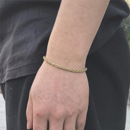 kelistom 18K Gold Silver Tone Rope Link Chain Bracelet for Women Men, 3mm 4mm Braided Rope Chain Bracelets, 7” 7.5” 8.3”, - size: 7.5", style: 4mm-gold
