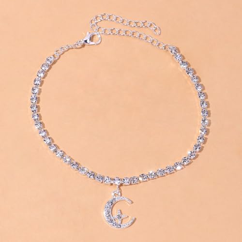 Fesciory Silver Ankle Bracelets for Women, Adjustable Rhinestone Pendant Tennis Anklet, Butterfly Heart Infinite Diamond Summer Beach Foot Chain Jewelry Gifts - style: Moon1