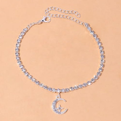 Fesciory Silver Ankle Bracelets for Women, Adjustable Rhinestone Pendant Tennis Anklet, Butterfly Heart Infinite Diamond Summer Beach Foot Chain Jewelry Gifts - style: Moon1