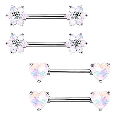 14G Opal Flower CZ Nipple Barbell Nipple Ring Piercing Jewelry for Women - color: silver 2