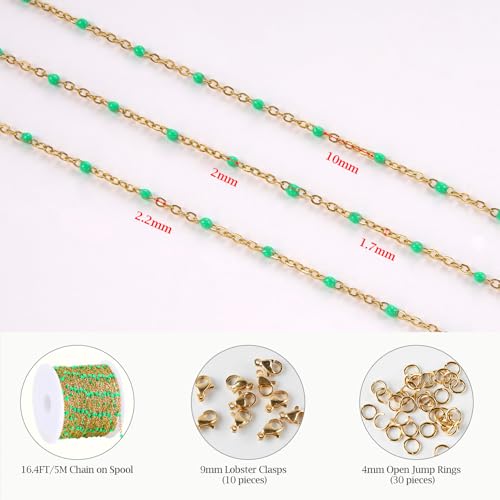 KYUNHOO 16.4FT/5M Gold Plated Jewelry Chains Bulk for Necklace Crafting | Bright Green Bead Cable Links Stainless Steel Enamel Chain for Earring Bracelet Making with Jewelry Accessories - color: gold-light green