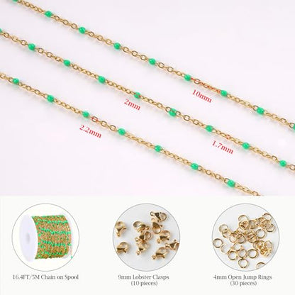 KYUNHOO 16.4FT/5M Gold Plated Jewelry Chains Bulk for Necklace Crafting | Bright Green Bead Cable Links Stainless Steel Enamel Chain for Earring Bracelet Making with Jewelry Accessories - color: gold-light green