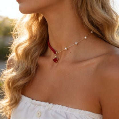 Andelaisi Boho Red Velvet Choker Necklace Vintage Pearl Heart Pendant Necklace Red Heart Necklace Love Heart Pearl Stitching Necklace Jewelry for Women