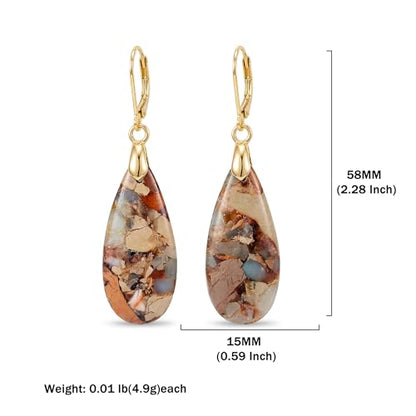Natural Healing Teardrop Stone Leverback Dangle Drop Earrings Statement Gold earrings - color: khaki-Gold