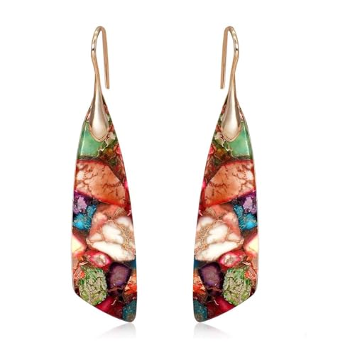 Boho Natural Imperial Jasper Teardrop Dangle Earrings for Women – Hypoallergenic French Hook Stone Drop Earrings Jewelry - color: Colorful Golden Hook