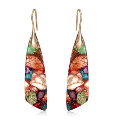Boho Natural Imperial Jasper Teardrop Dangle Earrings for Women – Hypoallergenic French Hook Stone Drop Earrings Jewelry - color: Colorful Golden Hook