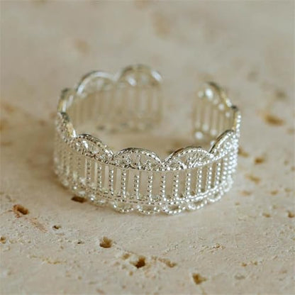 Valentines Rings for Women, Non Tarnish Chunky Wedding Ring Set, Adjustable Bohemian Statement Ring - style: Silver Fine Lace Style