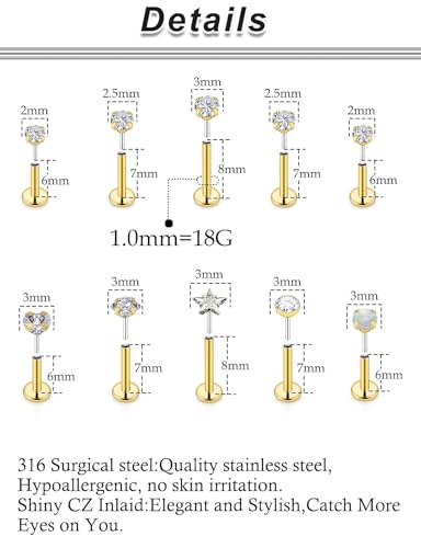20G 18G 16G Push in Theadless Nose Rings Studs Hypoallergenic Lip Labret Jewelry Flat Back Nose Stud Stainless Steel Cartilage Helix Tragus Earrings for Women Men 6mm 7mm 8mm Bars Diamond 3mm - color: A:18G-Gold-Push in-Bar 6mm 7mm 8mm