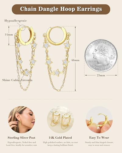 Tassel Chain Small Gold Hoop Dangle Earring For Women Huggie Earring Heart Star CZ 14K Gold Plated Fashion Jewelry Graduation Gift for Her Mothers Day Gifts for Mom - color: Star-Gold