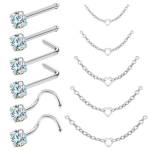 20G Nose Rings Studs with Chain Piercing Across Double Nose Stud Nose Hoop Spike Heart Ball CZ Surgical Steel Nostril Piercing Jewelry for Women Men, Black Silver Gold - color: SR-Heart shaped chain