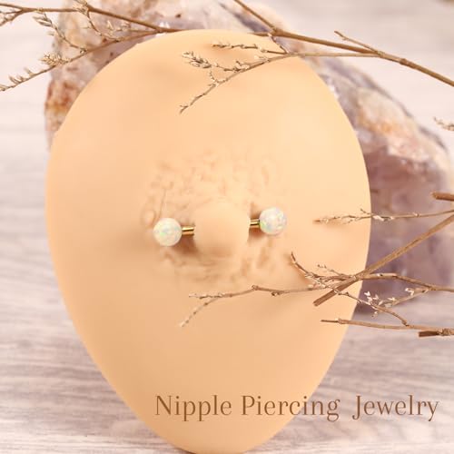 AROWRO Nipple Piercing Jewelry G23 Titanium Nipple Rings Tongue Rings Nipple Bar 14G Internally Threaded Straight Barbells Bridge Piercing Jewelry 12mm-20mm - color: Gold+White Opal