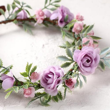 Fairy Purple Flower Crown Headband, Rose Floral Headpiece | Adjustable, Fairy Flower Crown, Women Girls, Renaissance Birthday Wedding Party Photo Props - color: Purple