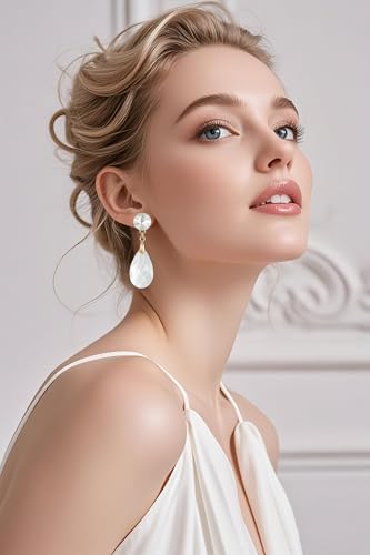 Round and Teardrop Crystal Stud Dangle Earrings Hypoallergenic Gold Plated Birthstone Drop Earrings Trendy Evening Prom Pageant Jewelry Gift for Women - color: clear