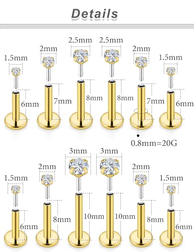 20G 18G 16G Cubic Zirconia Nose Rings Studs 316L Surgical Steel Hypoallergenic Nose Piercings Jewelry for Women Men CZ 2mm-3mm 24 Pcs - color: 1-A:20G-Gold-6/7/8/10mm Bars-1.5/2/2.5/3/4 CZ