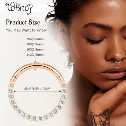 WBRWP 316L Stainless Steel Nose Hoop Rings Clicker with Zircon/Opal 14g-20g | Hypoallergenic Nose Rings Segment Clicker Lip Rings Cartilage Rook Conch Earrings Diameter 5mm-10mm - color: Flat Rose Gold ring with zircon -1pc Pack