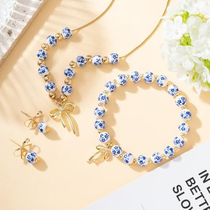 3PCS Bow Beaded Jewelry Set for Women Vintage Handmade Flower Blue And White Porcelain Enamel Ribbon Necklace Bracelet and Earrings Bow Christmas Birthday Holiday Charm Romantic Jewelry Gifts - style: Blue