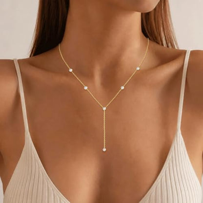 Lariat Necklace for Women Long Gold Y Necklace Teen Gifts Trendy Marquise Teardrop Square Round Cubic Zirconia Drop Necklaces Simple Layered Summer Beach Necklaces Jewelry Birthday Vacation Gifts