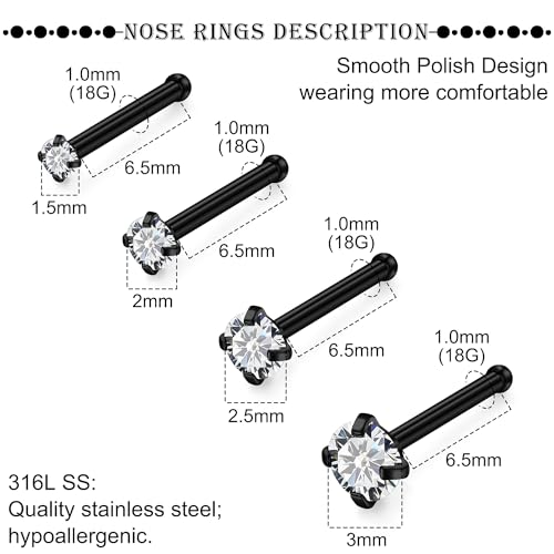 18G 20G 22G Titanium Stainless Surgical Steel Nose Rings Studs for Women L Shaped Nose Studs Screw Nose Ring Piercing Jewelry for Women Men Diamond CZ 1.5mm 2mm 2.5mm 3mm Silver Black Gold - style: 18g/Clear CZ/Straight/Black