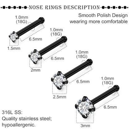 18G 20G 22G Titanium Stainless Surgical Steel Nose Rings Studs for Women L Shaped Nose Studs Screw Nose Ring Piercing Jewelry for Women Men Diamond CZ 1.5mm 2mm 2.5mm 3mm Silver Black Gold - style: 18g/Clear CZ/Straight/Black