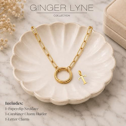 Paperclip Chain Carabiner Initial Charm Holder Necklace by Ginger Lyne | 18K Gold-Plated or Silver Tone Paperclip Chain with Carabiner Charm Holder, Adjustable 18-20 Inch, A-Z Initial Pendant - color: Gold-T