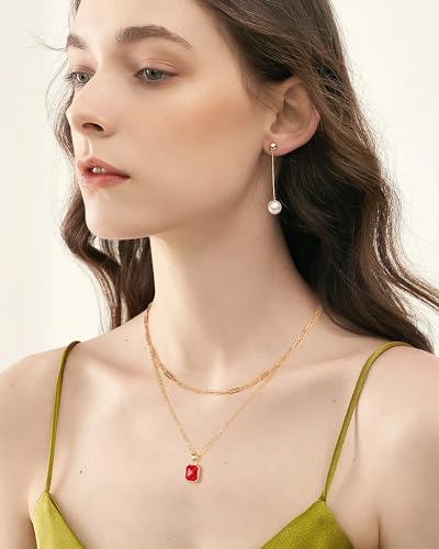 Gold Layered Necklaces for Women, 18k Gold Plated Crystal Necklace Paperclip Choker Emerald Green Jewelry for Women Gifts - color: Red