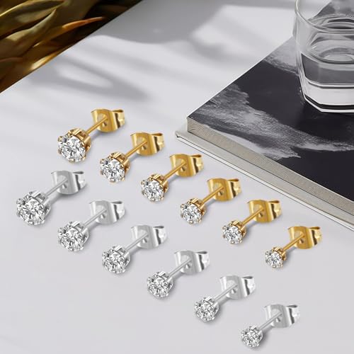 6 Pairs Stud Earrings for Women Men, Silver Gold Stainless Steel Studs Set | 3 4 5 6 7 8mm, Cubic Zirconia, 14K Gold Plated, Hypoallergenic, Flat Back Earrings for Sensitive Ears, Jewelry Gift Idea - color: Gold