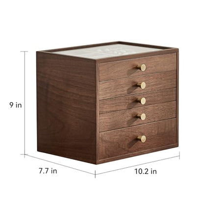 CHOSIN Black Walnut Wooden Jewelry Box Women large 5 Level Drawer Organizer Box with Glass Lid for Necklaces Watch Necklace Ring Earring Storage, Ideal Gift for Her | 4 Drawers, No Mirror, Unlocking, Transparent Glass Lid, Velvet Interior, Storage for Ear
