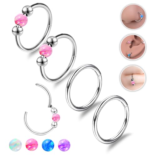 4PCS Nose Rings Opal 18G Nose Hoops 316L Surgical Steel Hypoallergernic Nose Piercings Jewelry for Women Nose Rings Suitable for Septum Rings Cartilage Earring Tragus Earring - color: Silver Pink, size: 4 PCS 18G 10mm*10mm