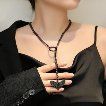 Slip Chain Choker for Women Handmade Black Stainless Steel Cuban Chain Chunky Moon Bat Raven Skull Pendant Gothic Punk Rock Collar Adjustable Lariat Y Necklace for Men - style: Black moth