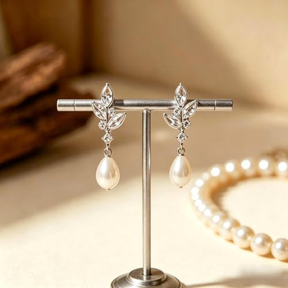 Pearl Earrings for Women, 14k Gold Plated Trendy Diamond Pearl Drop Earrings Hypoallergenic Dainty Bridal Gifts Wedding jewelry for Women - color: Silver-Pearl Style F