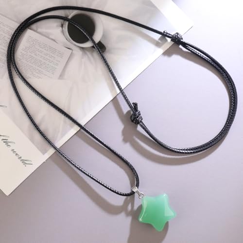 Natural Gemstone Simple Star Choker Necklace for Women, Minimalist Star Pendant Necklaces Adjustable Wax Chain - color: Green Aventurine