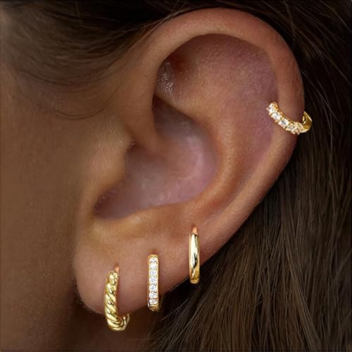 4 Pairs Small Huggie Hoop Earrings for Women, 14k Gold Plated Hypoallergenic Earrings, Lightweight Cartilage Earring stacks, Minimalist Gold Jewelry Gift Set