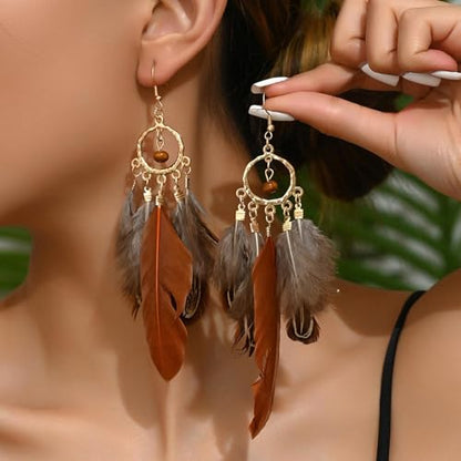 Feather Earrings for Women Boho Jewelry Peacock Feather Long Brown Light weight Western Earrings - color: A1:brown feather earrings
